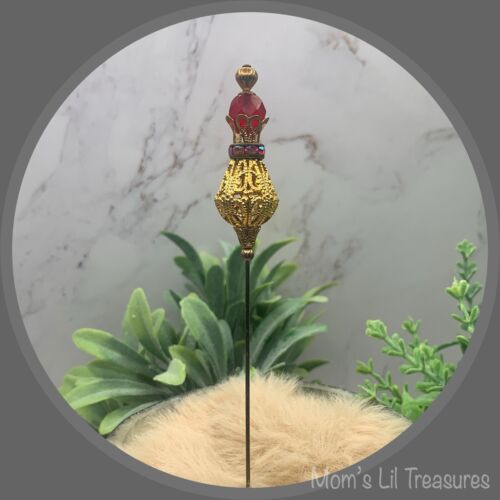 Red Glass Rhinestone Gold Tone Filigree Hatpin - Stick Pin • 6” Pin