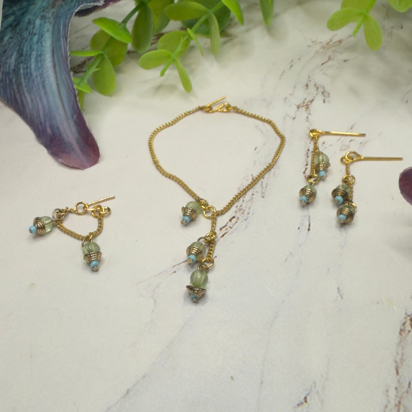 Green Blue Dangle Tassel Style Doll Necklace & Earrings Set • 16 Inch Fashion Doll Jewelry •