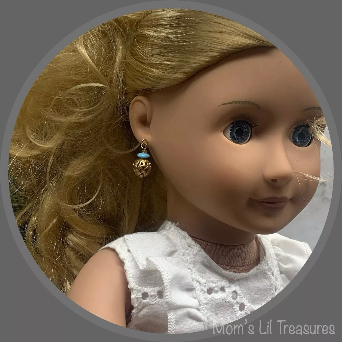 Blue Glass Gold Filigree Ball Dangle Doll Earrings • 18” Fashion Doll Jewelry