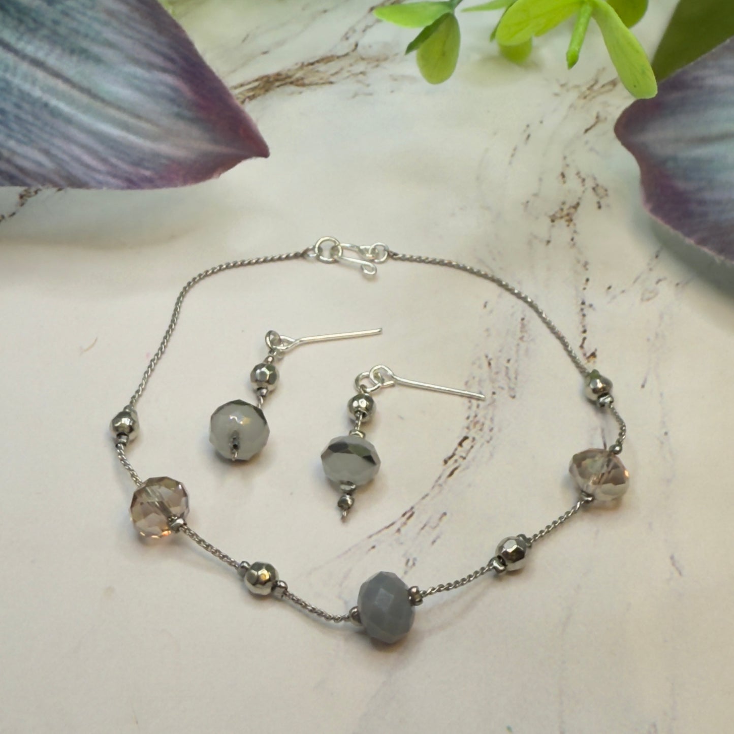 Gray Metallic Glass Crystal Beaded Silver Chain Doll Necklace• 18 Inch Fashion Doll Jewelry
