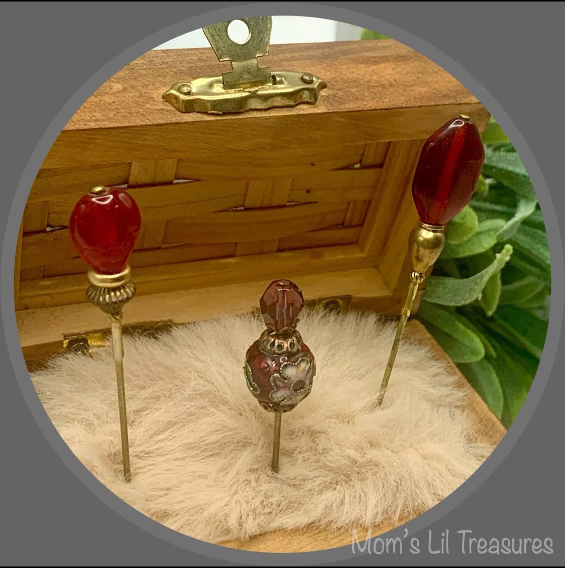 Red Glass Cloisonné Set of 3 • Stick Pins, Hatpins, Sewing pins, Gifts for Her