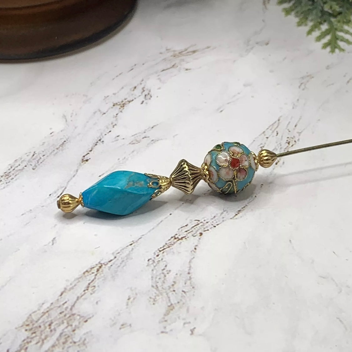 Turquoise Blue Gold Glass Cloisonné Flower Design - 6.75” • Hatpin - Stick Pin