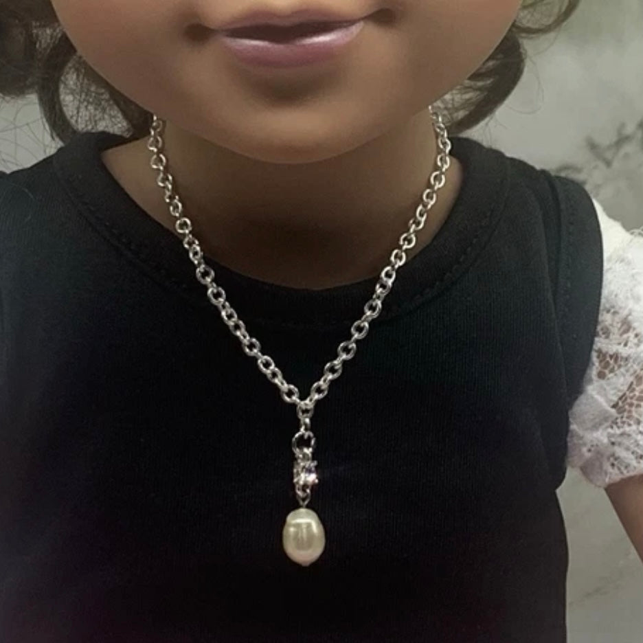 Pearl & Rhinestone Pendant Silver Chain Doll Necklace • 18” Fashion Doll Jewelry