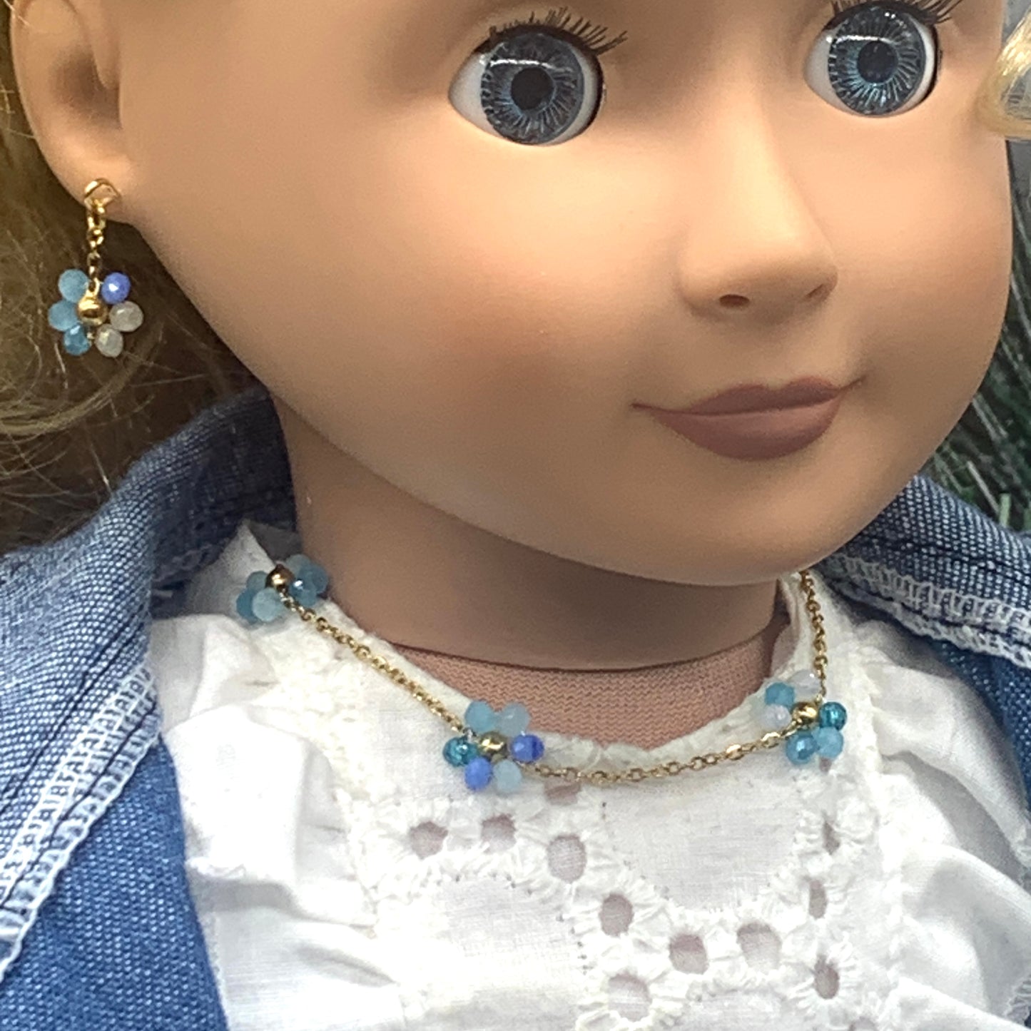 Blue Glass Flower Design Gold Chain Necklace Earrings Set • 18” Doll Jewelry