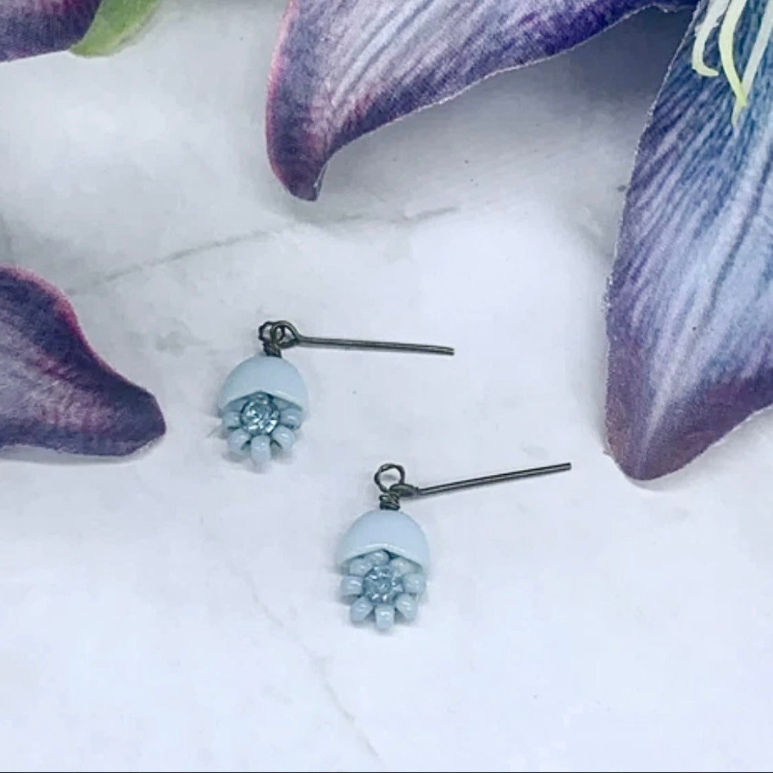 Light Blue Glass Rhinestone Flower Dangle Doll Earrings for 18-22” Vintage Doll