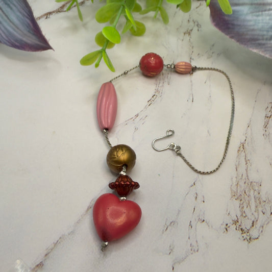 Pink Heart Bronze & Pink Beaded Chain • Car Mirror Charm / Sun Catcher