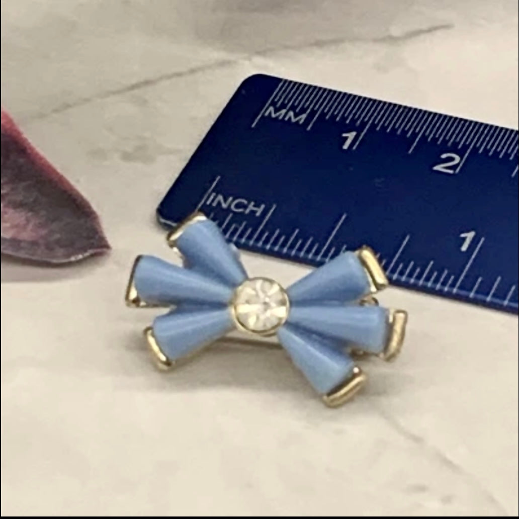 Blue Bow Clear Rhinestone Accent Pin Doll Brooch