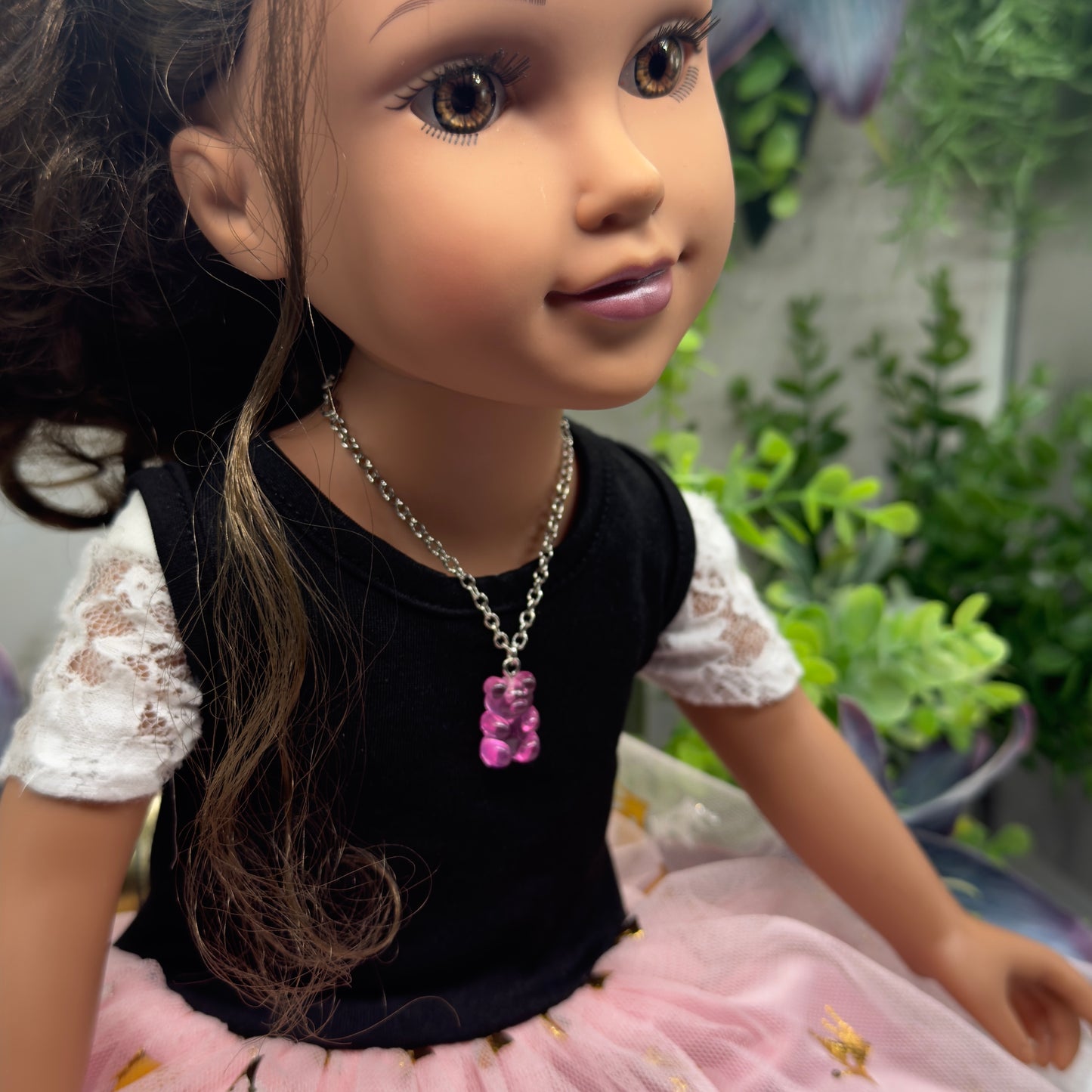 Pink Translucent Acrylic Bear Charm Doll Necklace Silver Chain • 18 Inch Fashion Doll Jewelry
