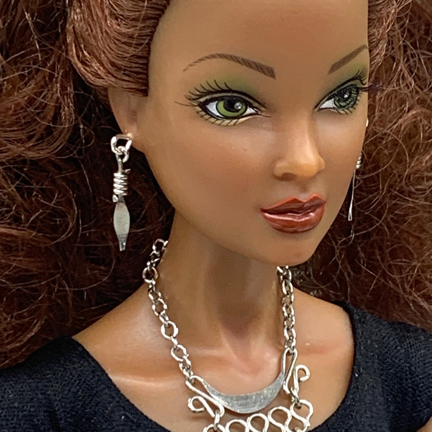 Silver Dangle Statement Doll Necklace Matching Earring Set • 16” Doll Jewelry