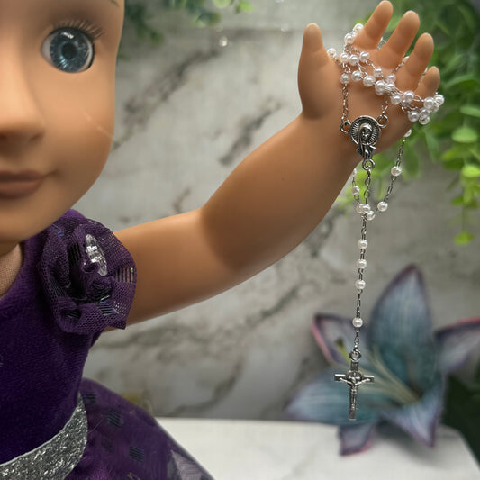 White Pearl Beaded Silver Crucifix • Doll Size Catholic Rosary