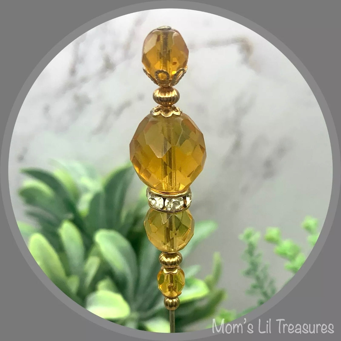 Gold Yellow Amber Color Crystal Rhinestone Beaded 8” Pin • Hatpin - Stick Pin