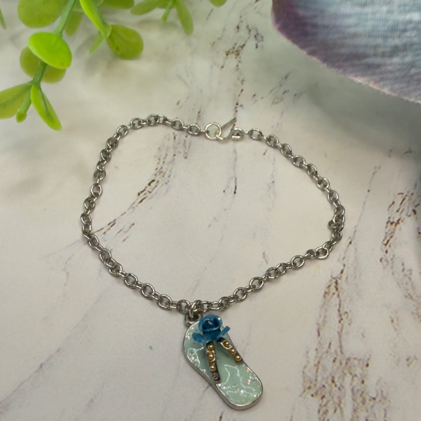 Blue Flip Flip Sandal Rose Accent Charm Silver Doll Necklace• 18 Inch Fashion Doll Jewelry