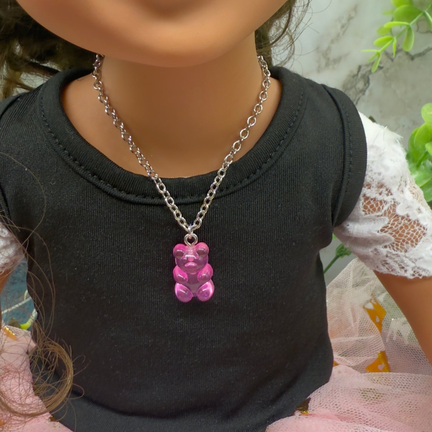Pink Translucent Acrylic Bear Charm Doll Necklace Silver Chain • 18 Inch Fashion Doll Jewelry