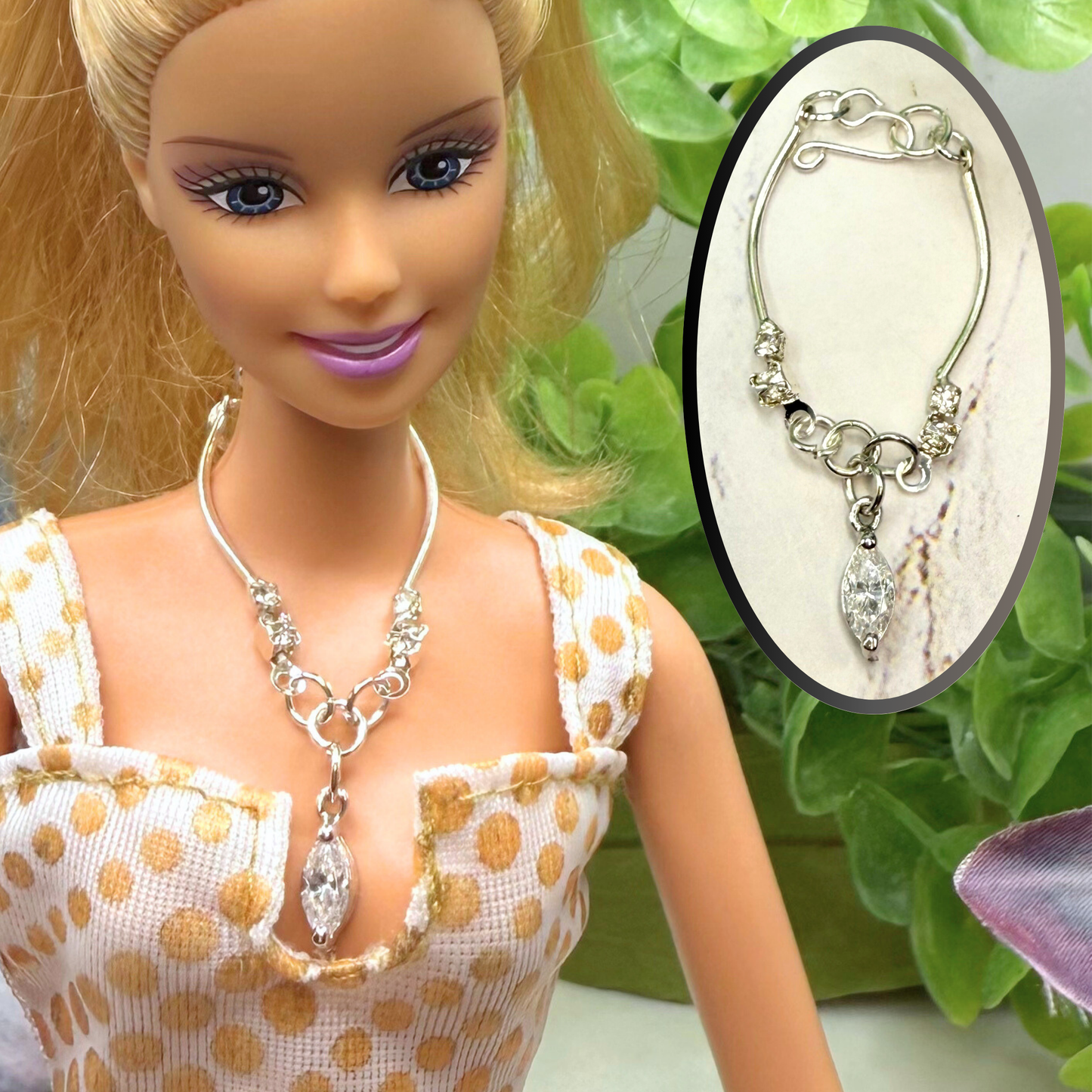 Clear Rhinestone Dangle Curved Silver Link Doll Necklace • 10-12 Inch Fashion 1:6 Doll Jewelry