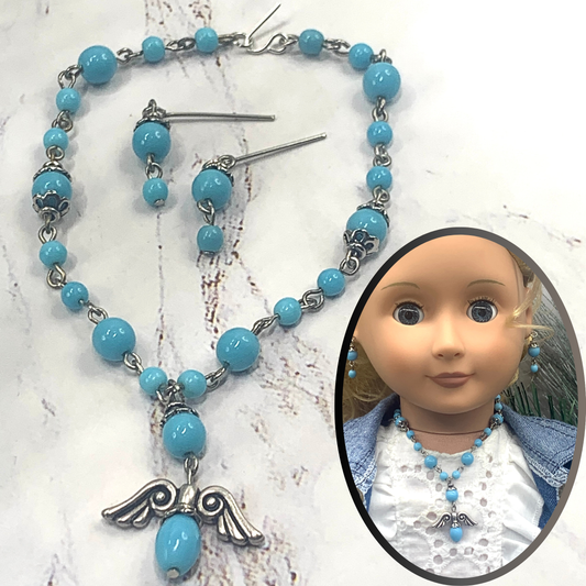 Blue Glass Bead Silver Angel Wings Pendant Necklace Earring Set 18” Doll Jewelry