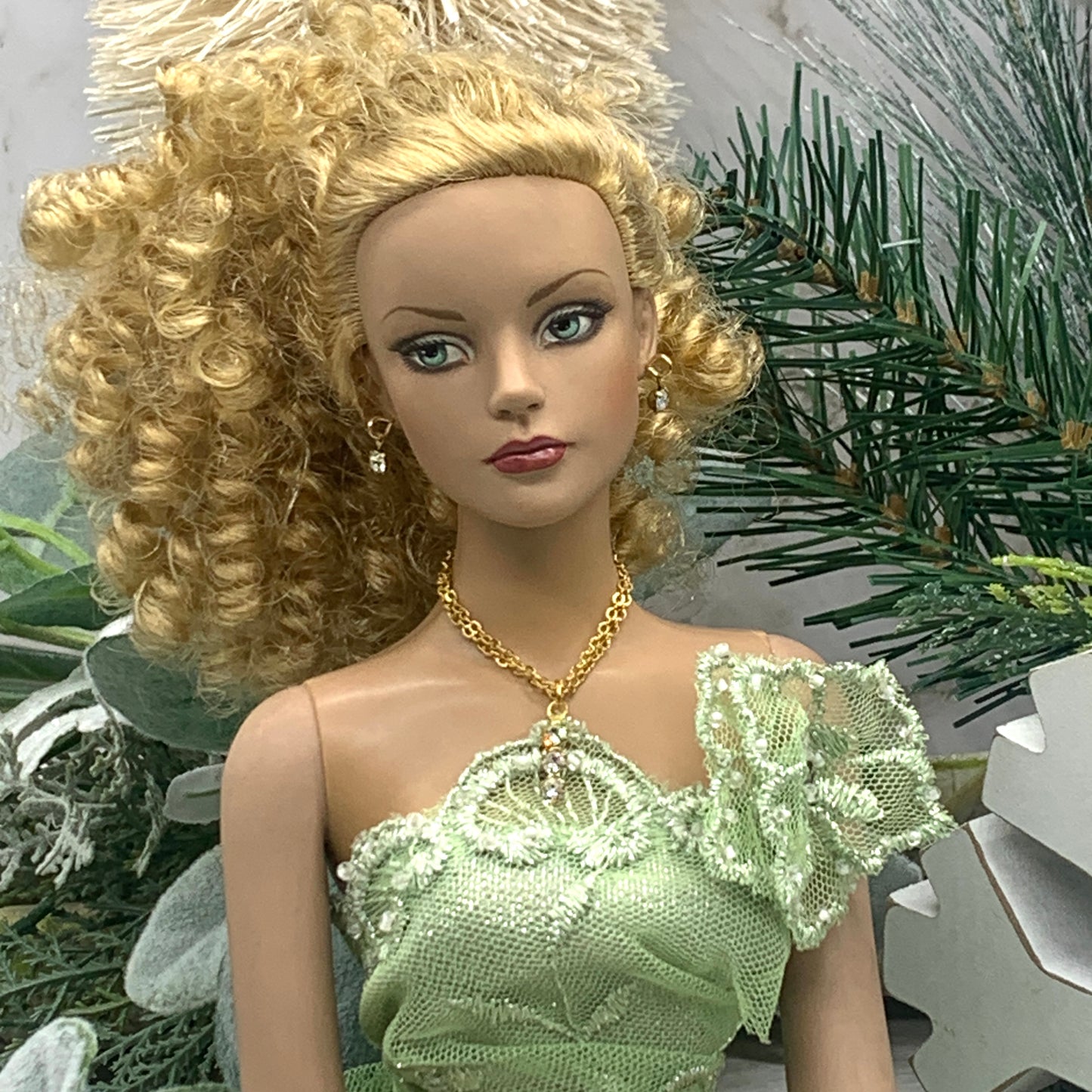 Clear Rhinestone Gold Double Chain Doll Necklace Earring Set • 16” Doll Jewelry