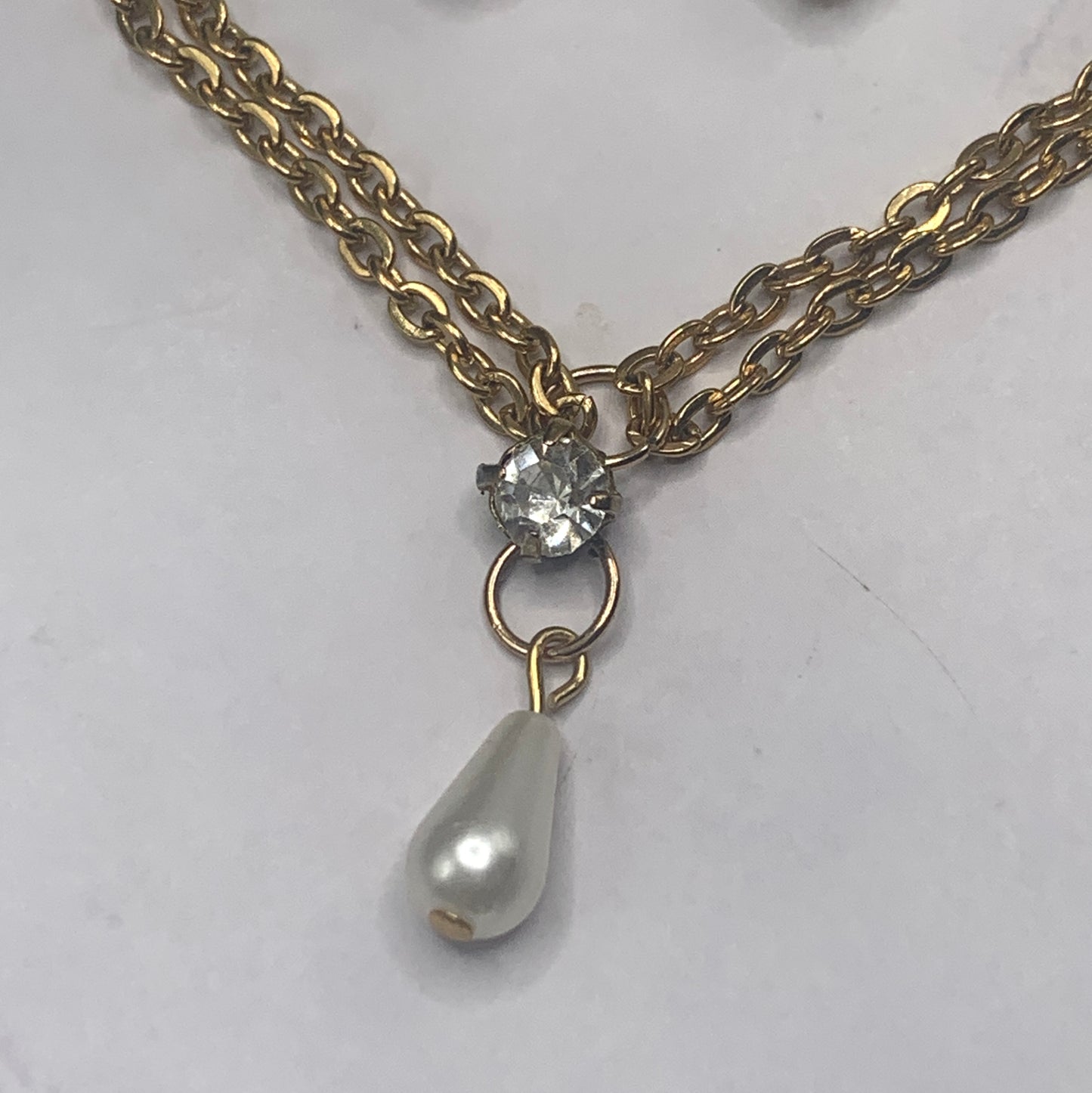 Clear Rhinestone Teardrop Pearl Gold Doll Necklace Earring Set 18” Doll Jewelry