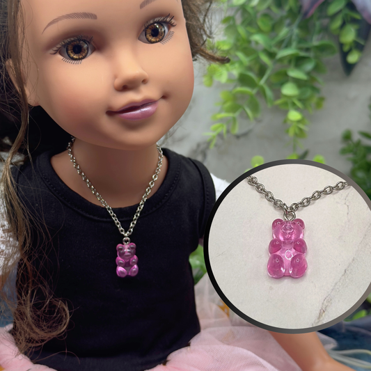Pink Translucent Acrylic Bear Charm Doll Necklace Silver Chain • 18 Inch Fashion Doll Jewelry