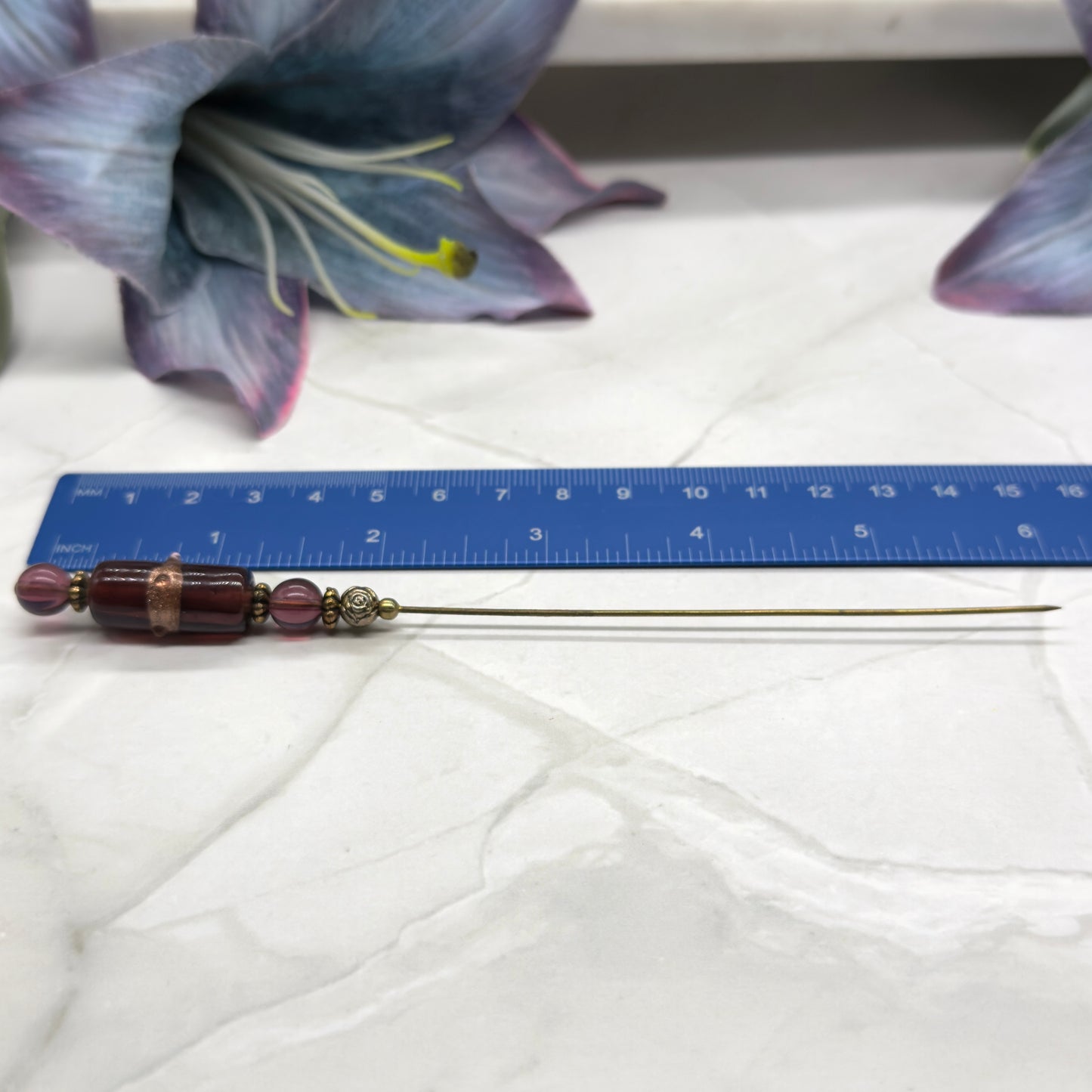 Purple Glass Gold Accent Cylinder Shaped Hatpin - Stick Pin • 6” Pin