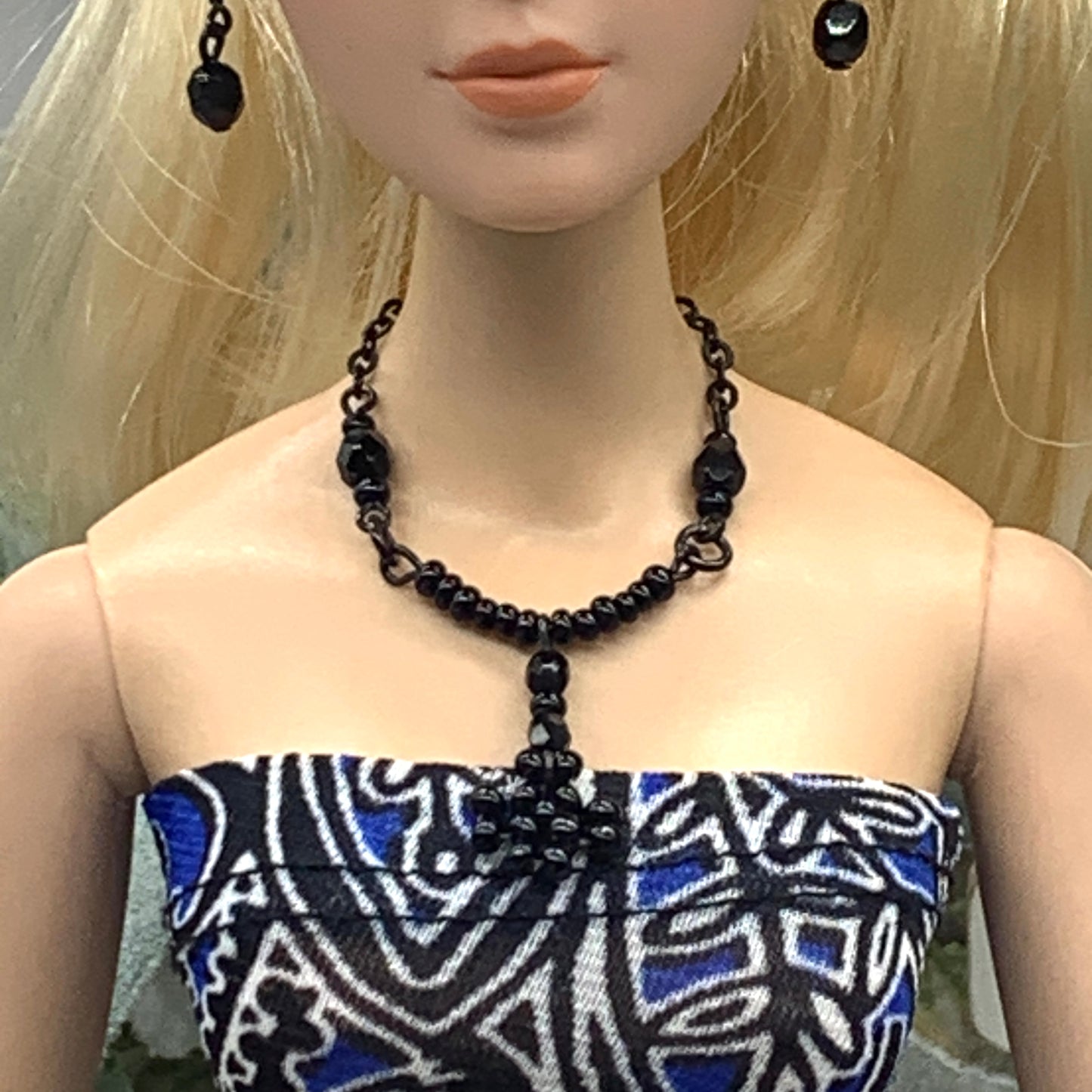 Black Beaded Y Drop Flower Doll Necklace Matching Earring Set • 16” Doll Jewelry