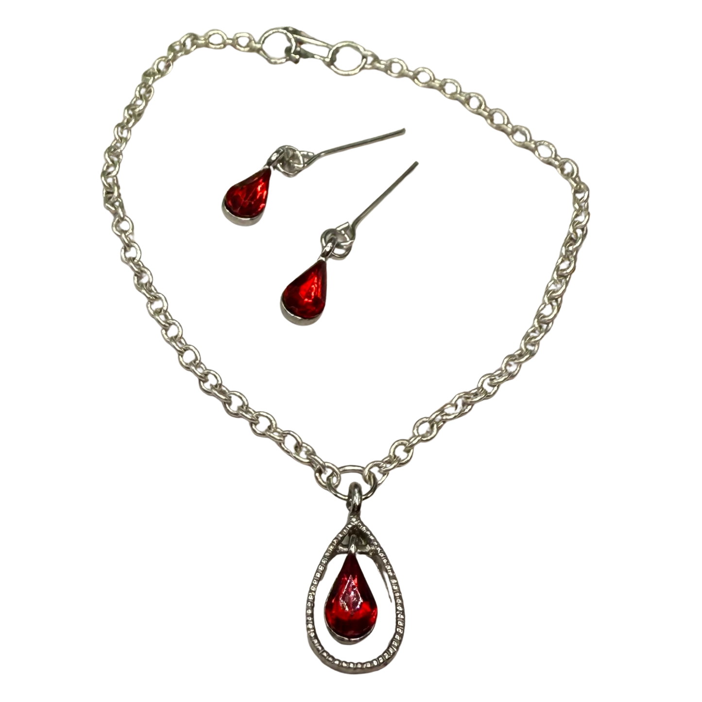 Red Teardrop Rhinestone Necklace & Earrings Set • 18” Fashion Doll Jewelry