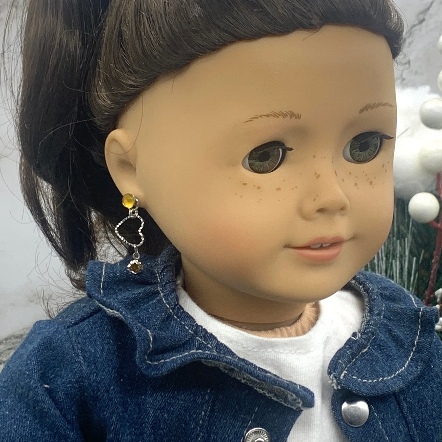 Golden Amber Rhinestone Post Silver Heart Doll Earring fits 18” American Girl
