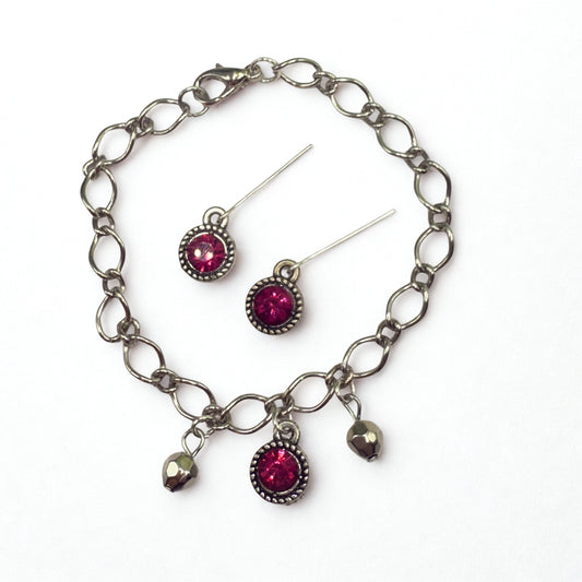 Dark Pink Rhinestone Large Silver Link Necklace & Earrings Set • 18 Inch Fashion Doll Jewelry