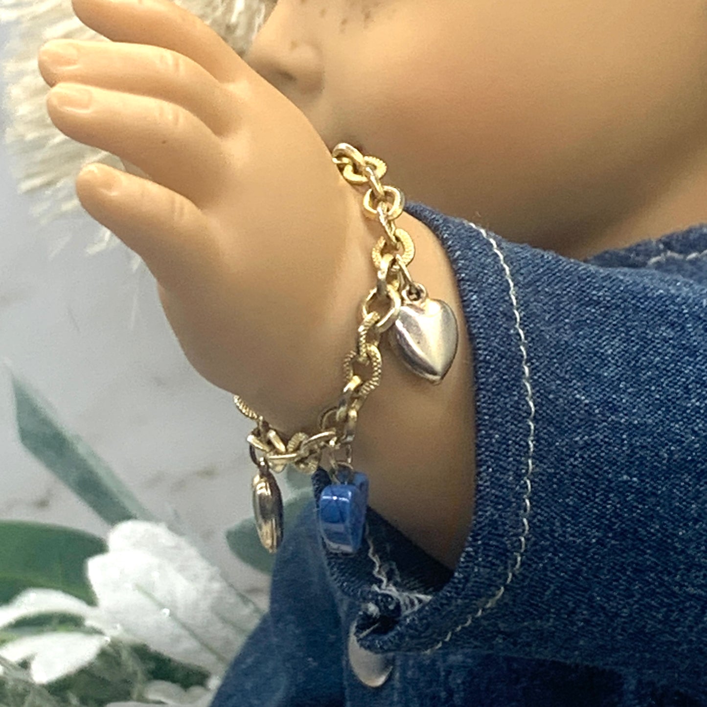 Blue Glass Gold Heart Charm Doll Bracelet • 18 Inch Fashion Doll Jewelry