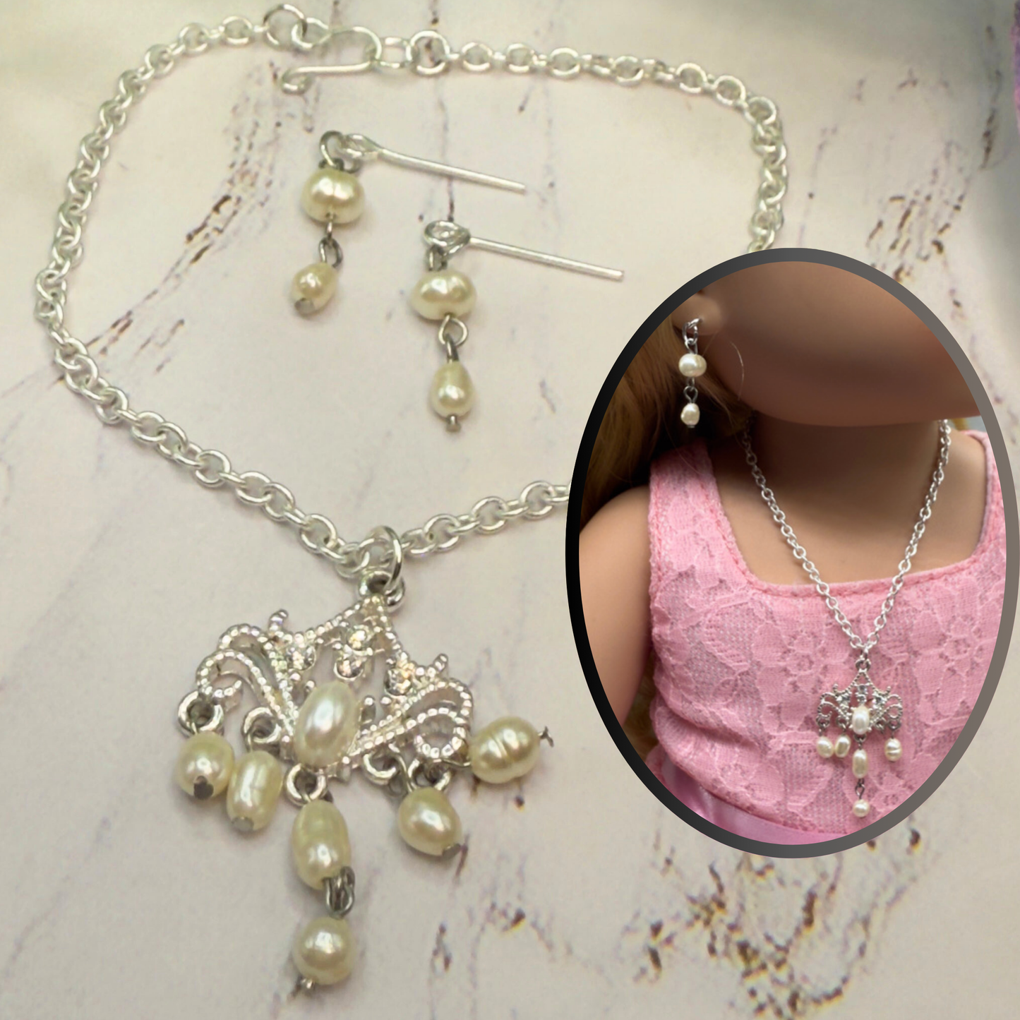Silver Filigree Pearl Dangle Doll Necklace & Earrings Set • 18 Inch Fashion Doll Jewelry