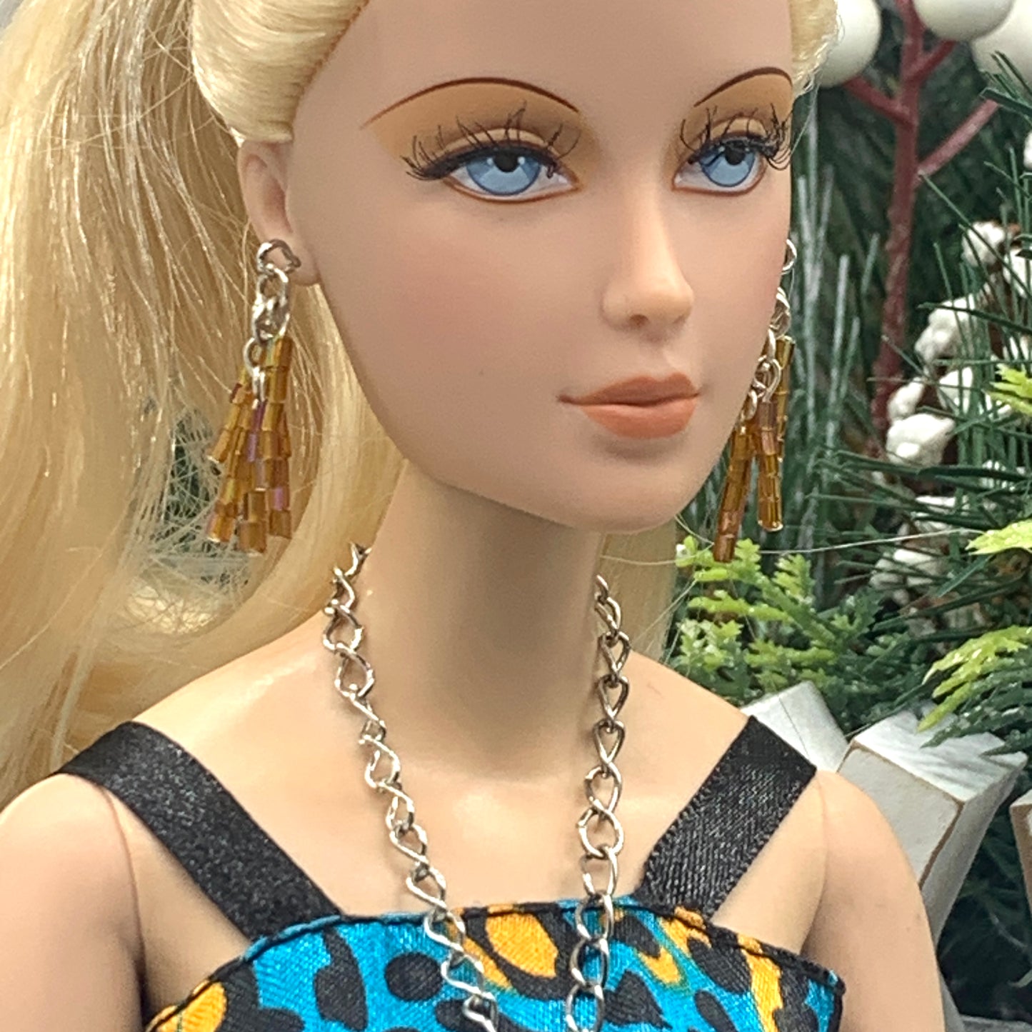 Brown Amber Glass Bead Tassel Style Doll Necklace Earring Set • 16” Doll Jewelry