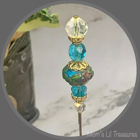 Turquoise Blue Clear Crystals Cloisonné Flower Design - 8” • Hatpin - Stick Pin