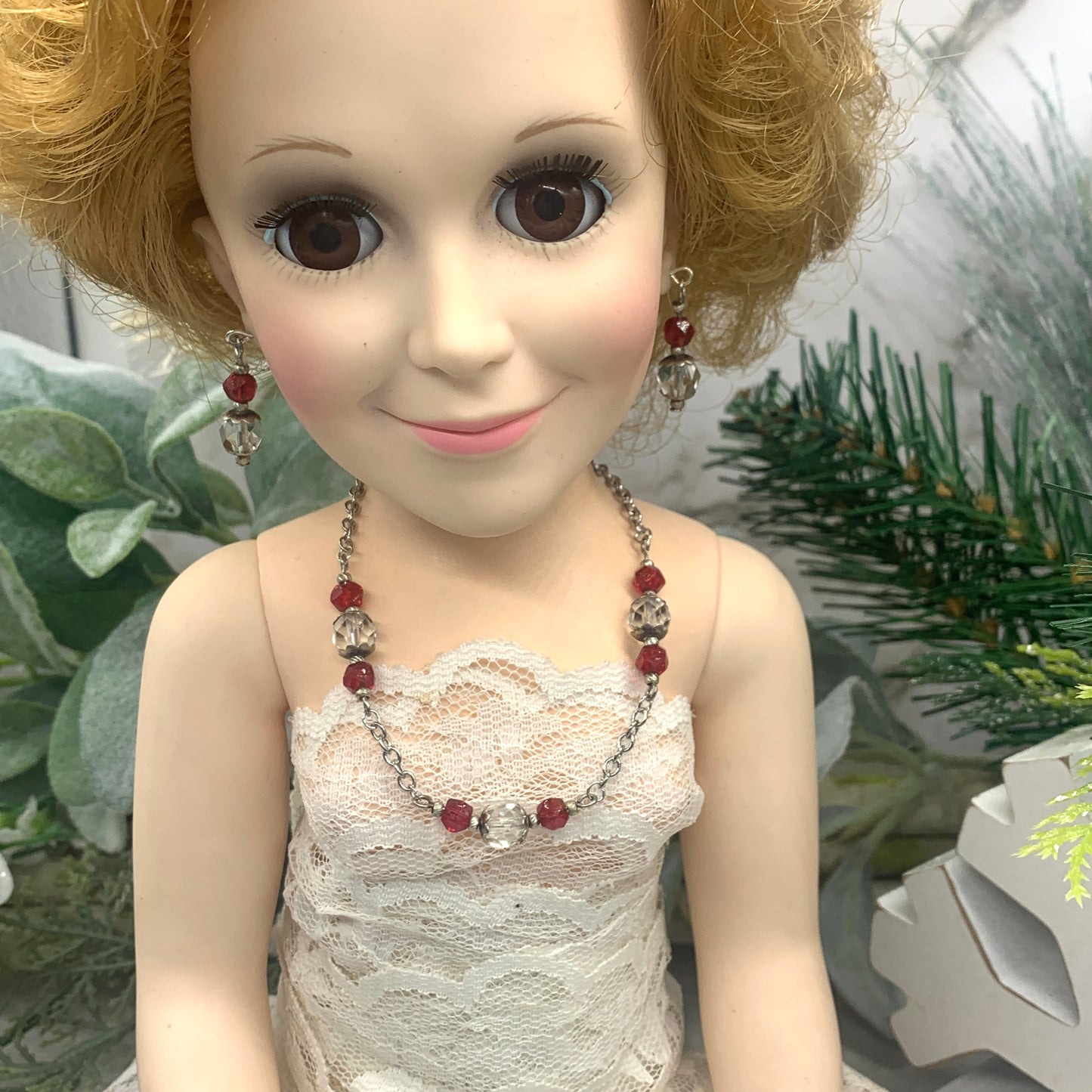 Red Clear Glass Crystal Silver Chain Necklace Earring Set 18-22” Doll Jewelry for 18-22” Doll Jewelry