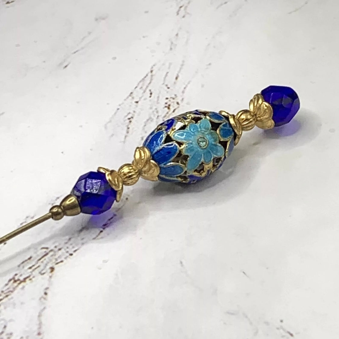 Blue Glass Crystal Metal Cloisonné Enamel Flower Design - 8” • Hatpin