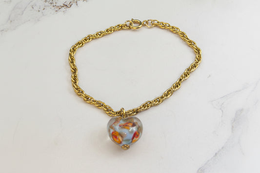 Orange Blue White Swirl Glass Heart Pendant Gold Chain Doll Necklace • 18 Inch Fashion Doll Jewelry