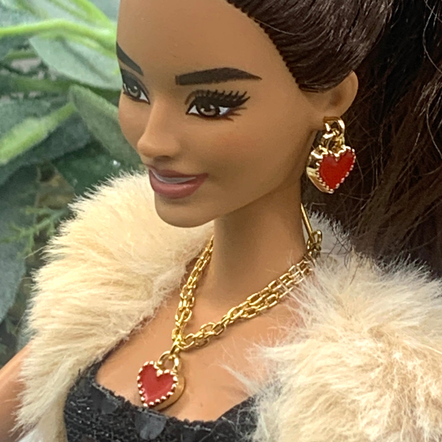 Red Heart Gold Chain Doll Necklace Earring Set • 11-12” Fashion Doll Jewelry