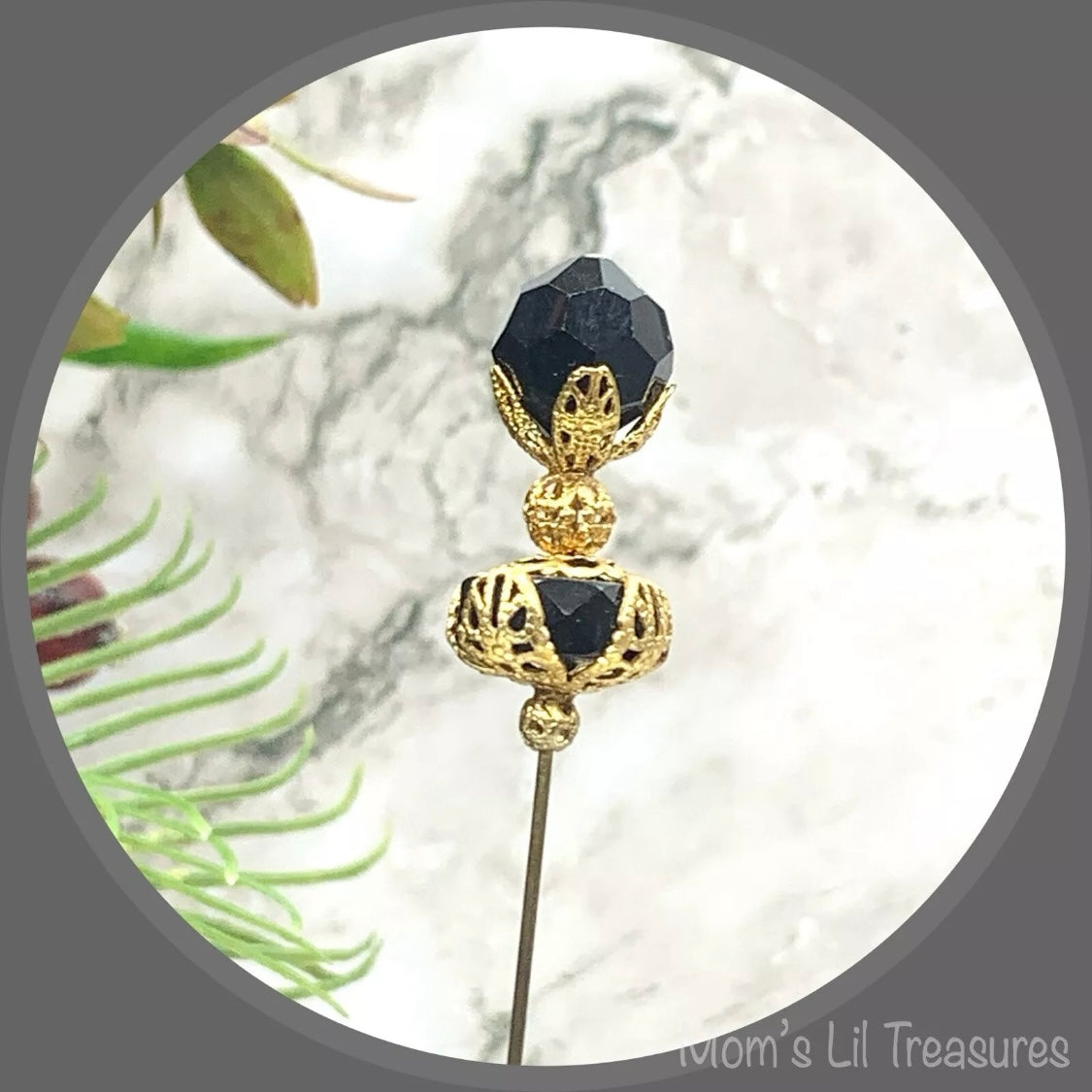 Black Crystal - Gold Tone Findings - 8” Pin • Hatpin - Stick Pin