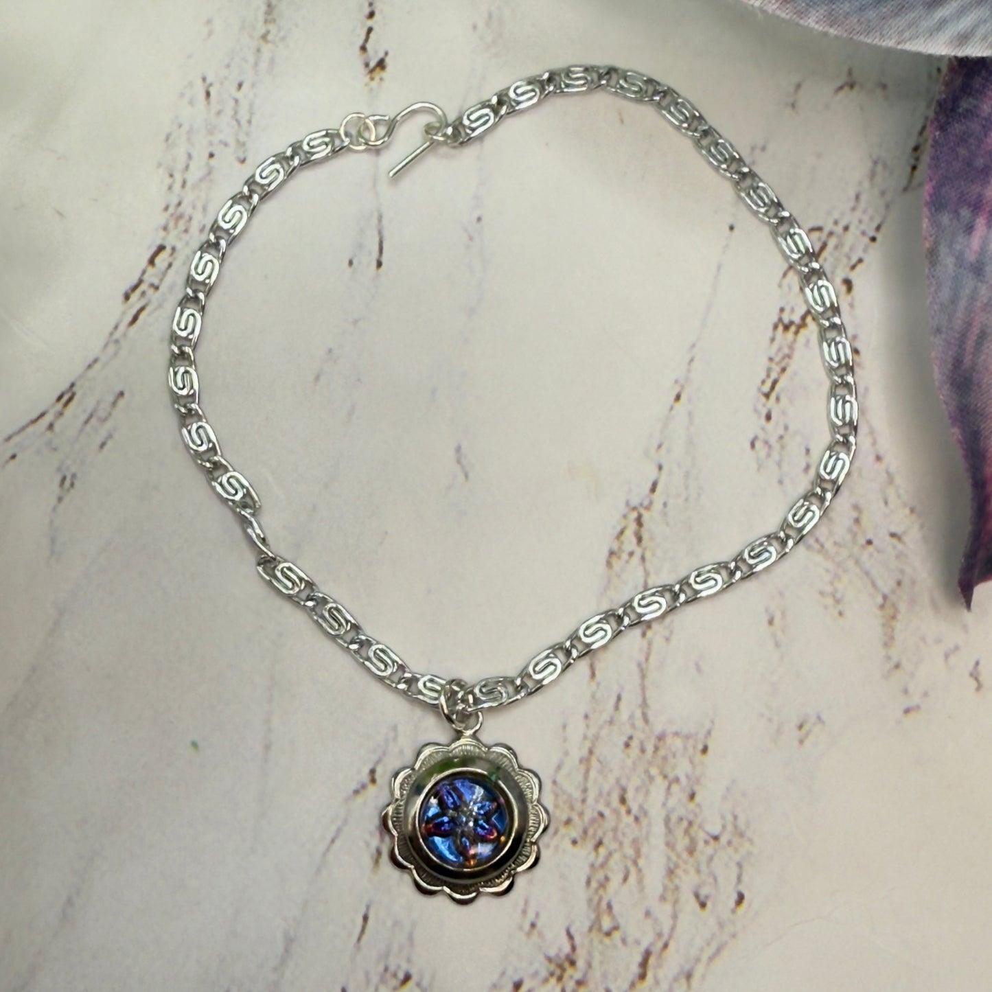 Blue Purple Flower Silver Filigree Pendant Doll Necklace • 18 Inch Fashion Doll Jewelry