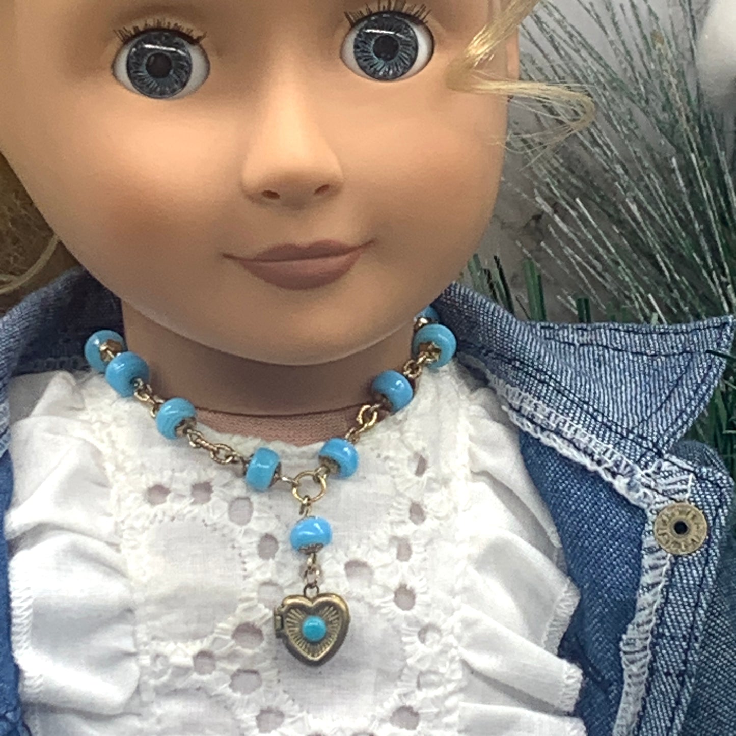 Blue Glass Beaded Heart Locket Gold Tone Chain Doll Necklace • 18” Doll Jewelry