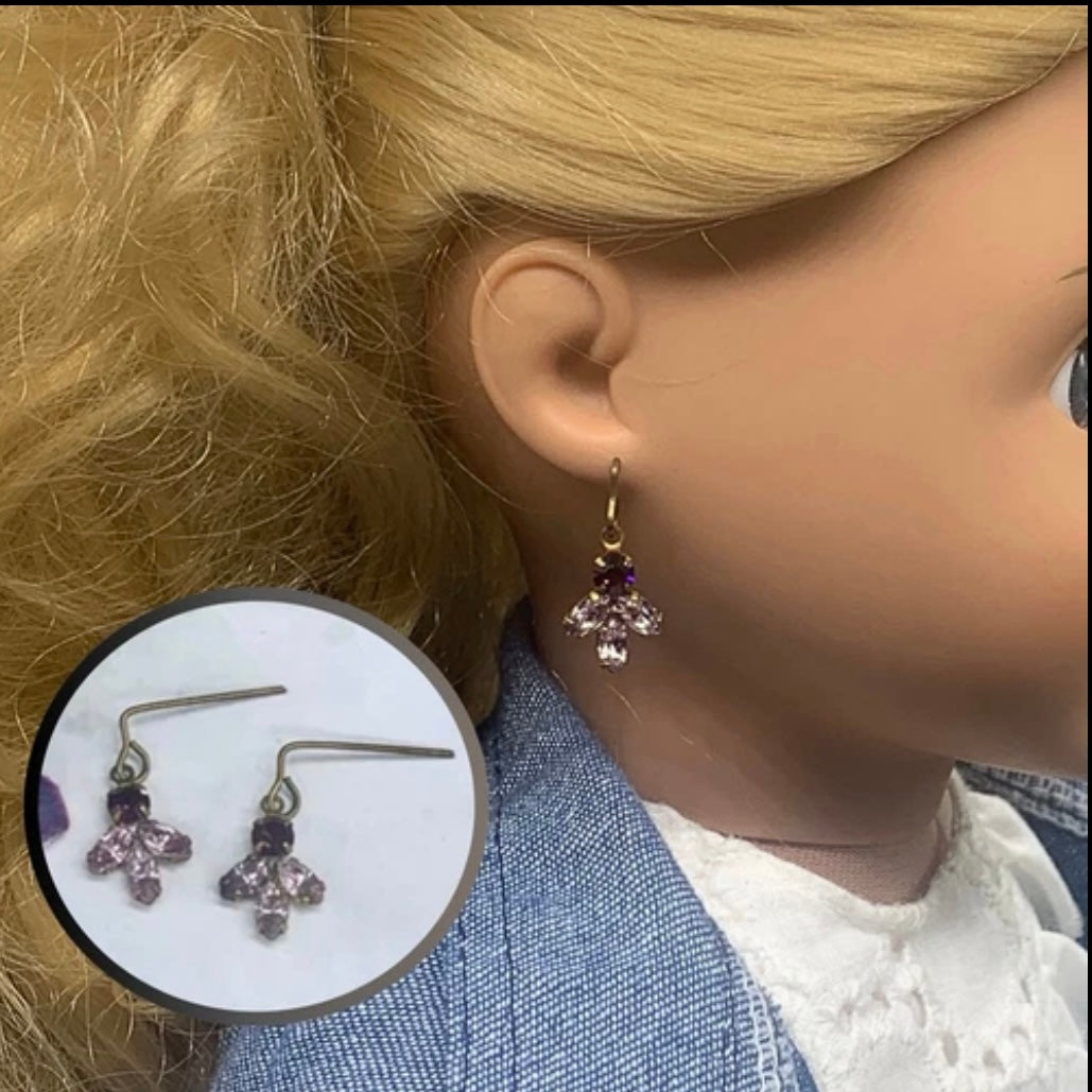 Shades Of Purple Rhinestone Gold Tone Dangle Doll Earrings • 18” Doll Jewelry