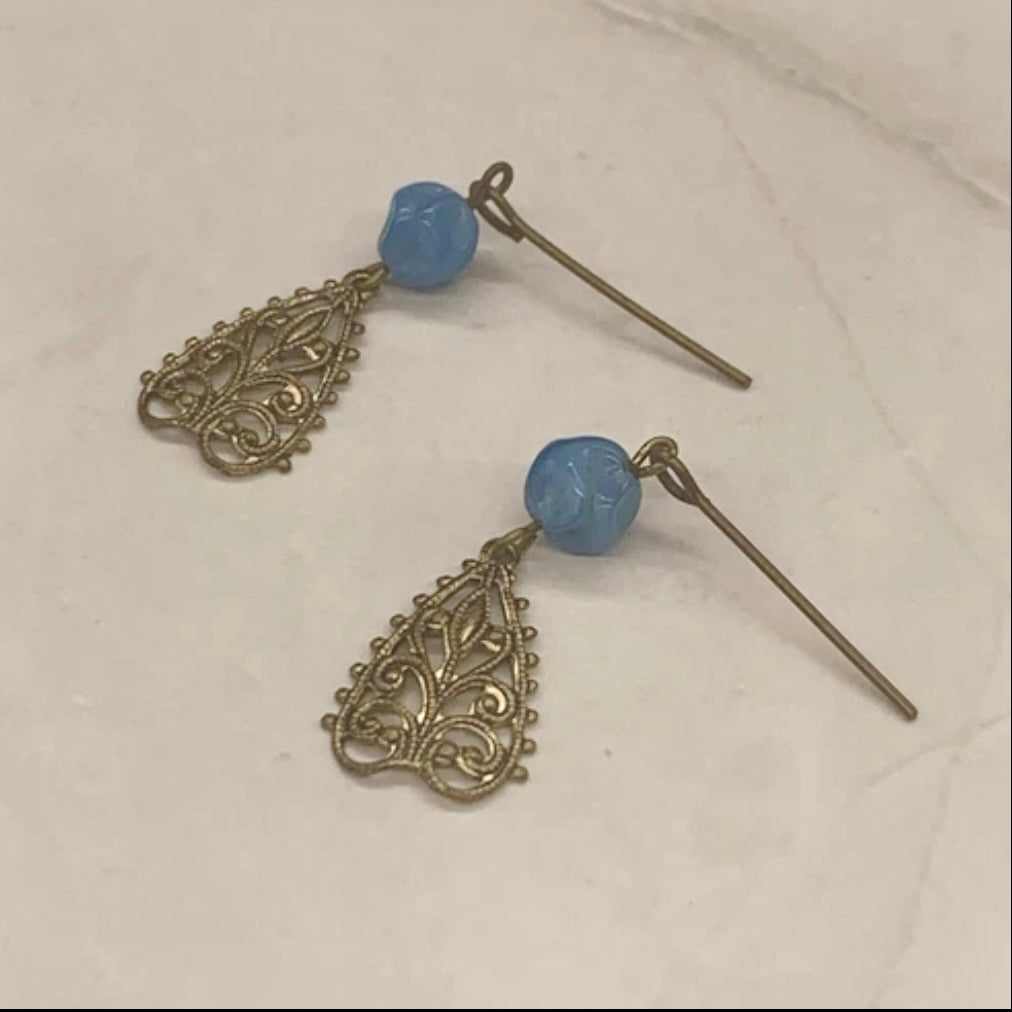 Gold Filigree Blue Glass Dangle Doll Earrings • 18 Inch Fashion Doll Jewelry