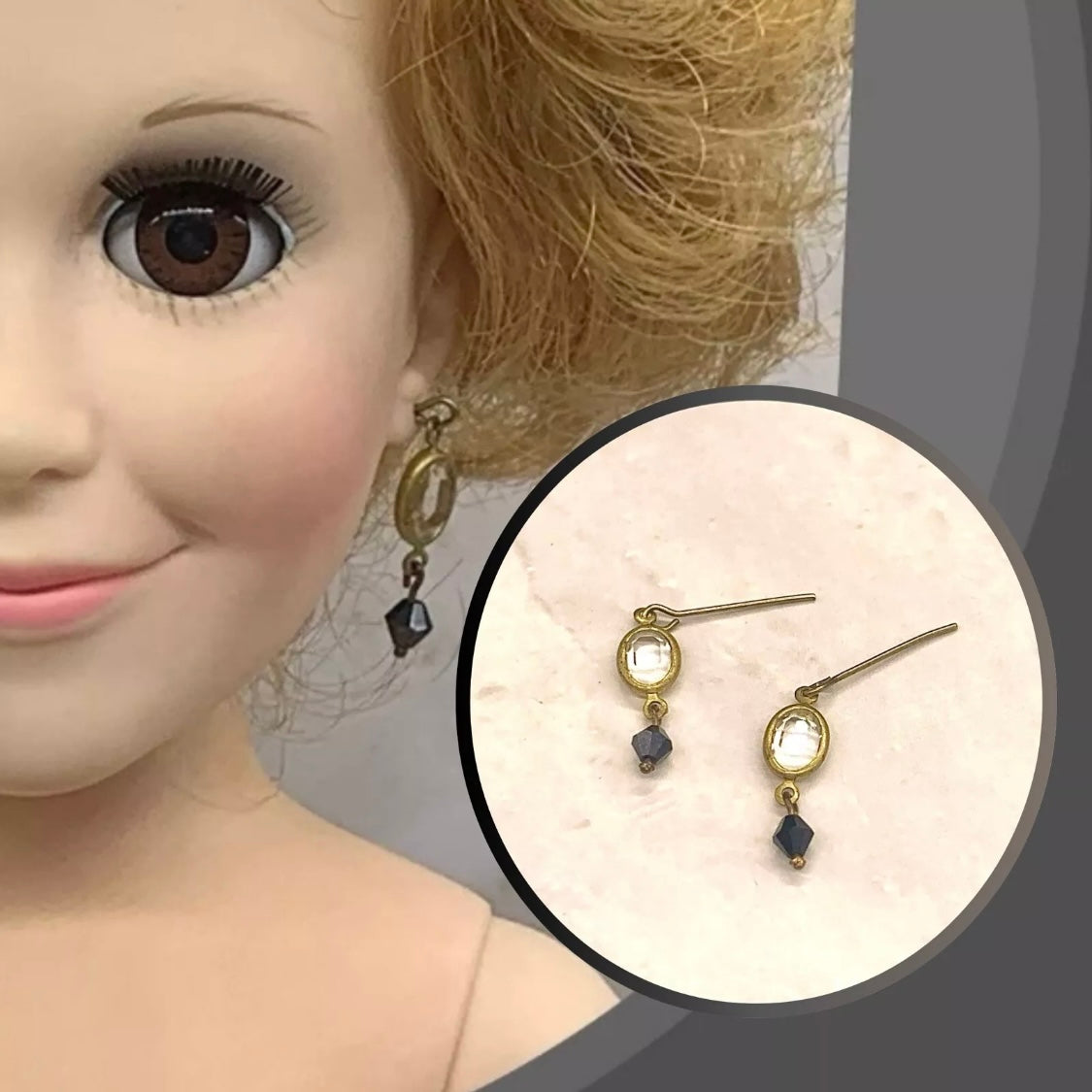 Black & Clear Crystal Gold Dangle Doll Earrings for 18-22” Vintage Doll Jewelry