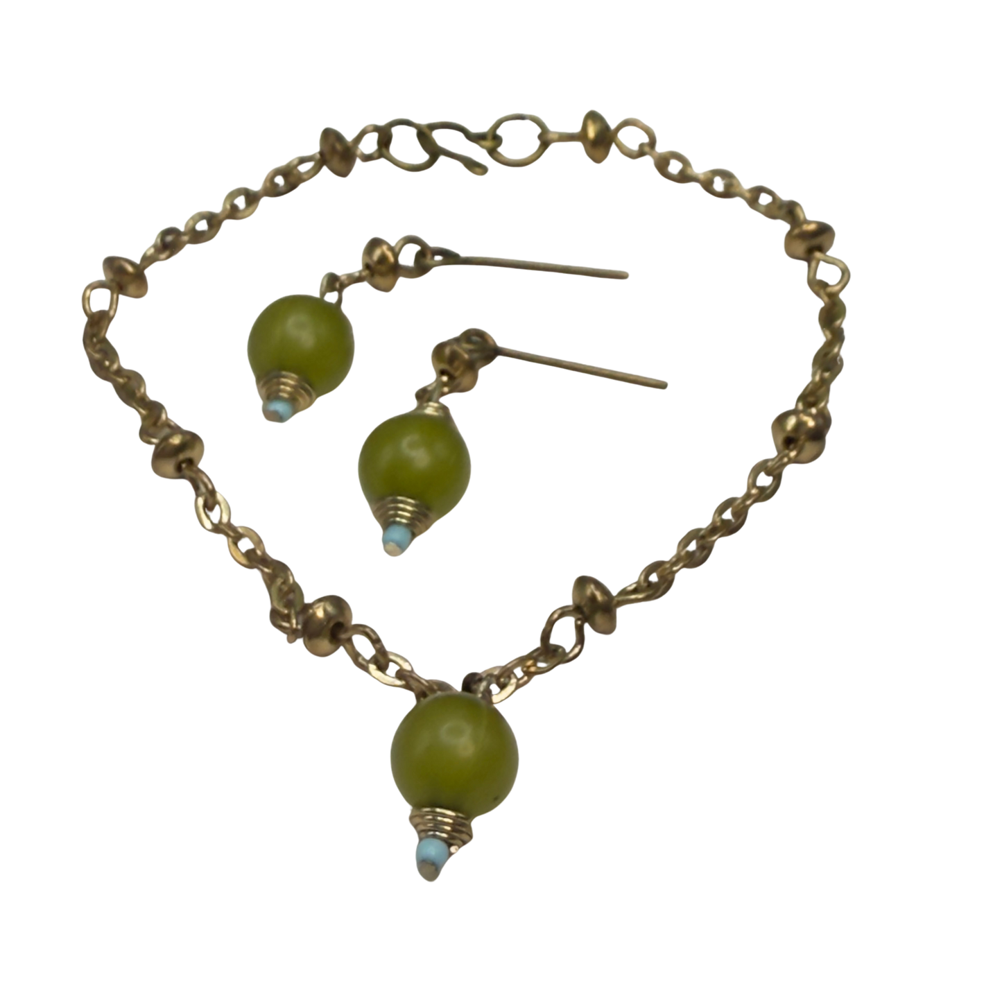 Light Olive Green Drop Gold Chain Doll Necklace & Earrings Set • 18 Inch Fashion Doll Jewelry