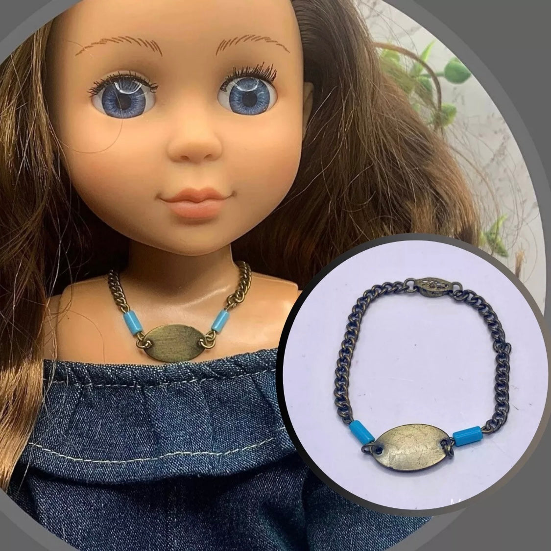 Turquoise Blue Brass Gold Oval Pendant Necklace for 14 inch Wellie Wisher Doll