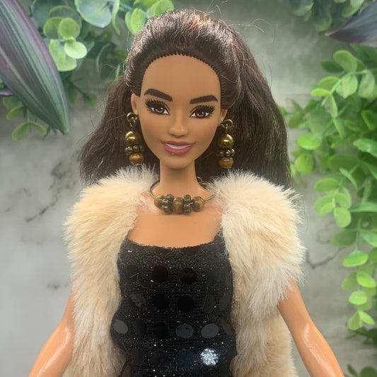 Brown Bronze Beaded Wire Doll Necklace Earring Set • 10-12” 1:6 Doll Jewelry