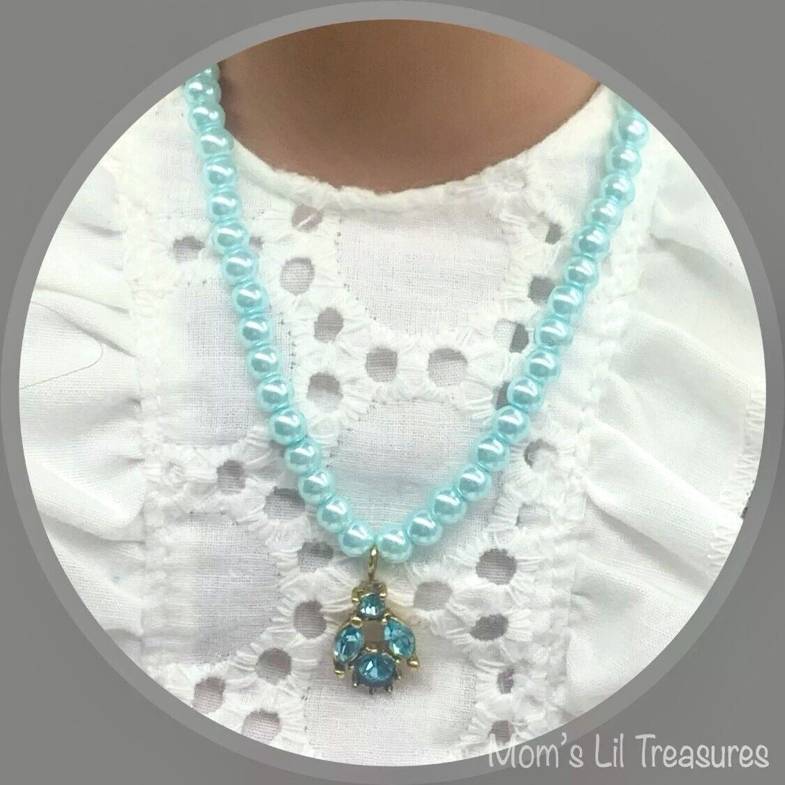 Turquoise Pearl Rhinestone Pendant Doll Necklace Earring Set • 18” Doll Jewelry