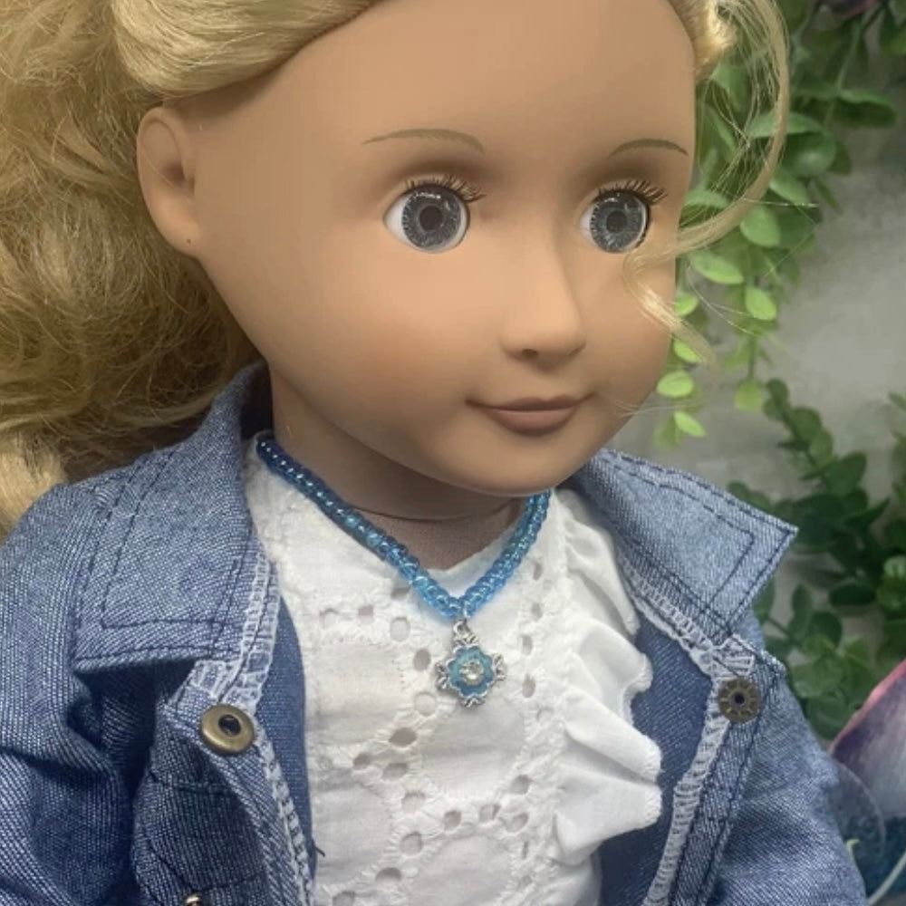 Iridescent Blue Beaded Doll Necklace W/ Pendant • 18” Fashion Doll Jewelry