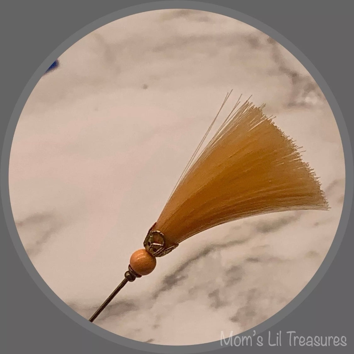Peach Orange Fiber Tassel Broom Gold Tone Filigree • 7.25” Hatpin - Stick Pin