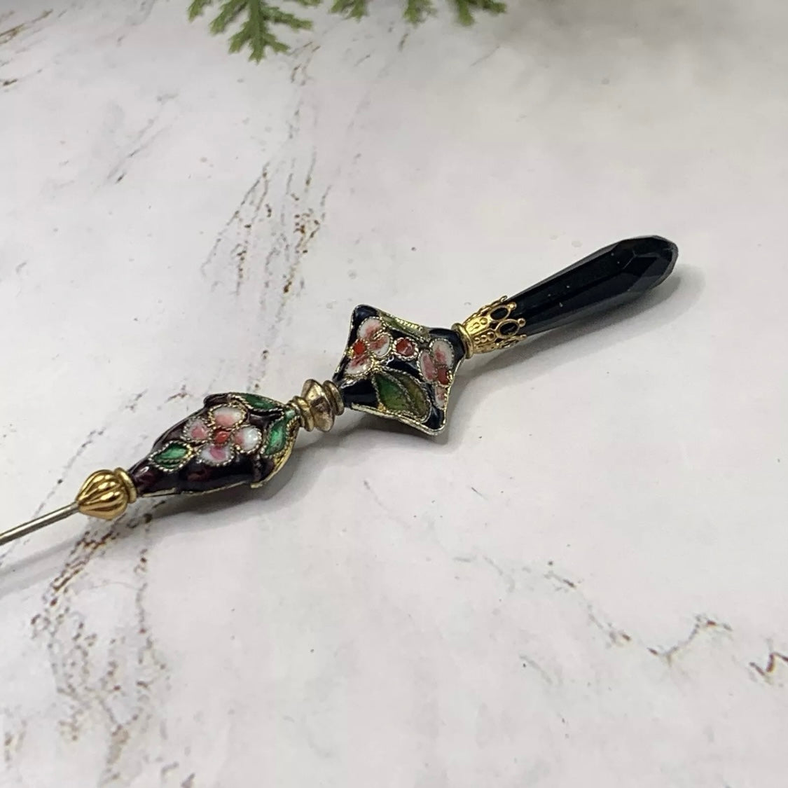 Black Teardrop Crystal Cloisonné Flower Floral Design Gold Filigree • 7” Hatpin