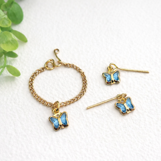 Blue Crystal Butterfly Charm Gold Chain Doll Necklace & Earrings • 10-12 Inch Fashion Doll Jewelry 1:6
