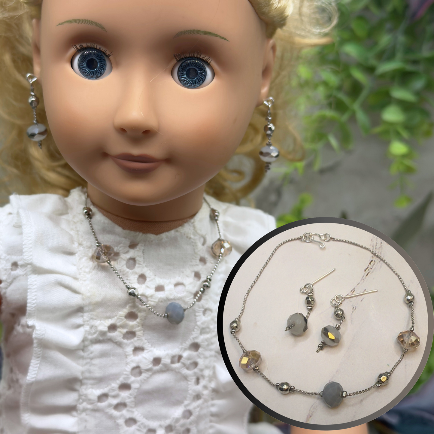 Gray Metallic Glass Crystal Beaded Silver Chain Doll Necklace• 18 Inch Fashion Doll Jewelry
